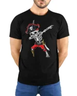 Funny Caribbean Dabbing Pirate Skeleton Graphic Tee - model wearing black tee with hands behind back