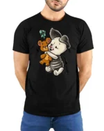 Adorable Hugging Piglet Teddy Bear Friend Graphic Tee - model wearing black tee with hands behind back