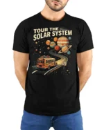 Educational Tour The Solar System Retro Bus Graphic Tee - model wearing black tee with hands behind back