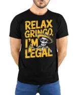 Relax Gringo I’m Legal Sombrero Skeleton Graphic Tee - model wearing black tee with hands behind back