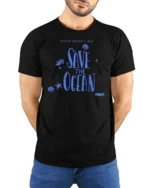 Inspiring Save The Ocean World Oceans Day Graphic Tee - model wearing black tee with hands behind back