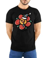 Melancholic Crying Clown Flower Party Hat Novelty Tshirt - model wearing black tee with hands behind back