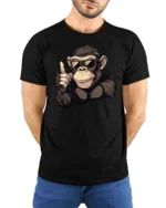 Catchy Chimp Sunglasses Thumbs Up Monkey Graphic Tee - model wearing black tee with hands behind back