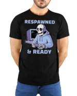Respawned And Ready Gamer Skeleton Graphic Tee - model wearing black tee with hands behind back