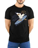 Catchy Salty Vibes Surfing Seagull Summer Graphic Tee - model wearing black tee with hands behind back