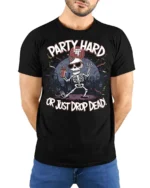 Amusing Party Hard Or Just Drop Dead Skeleton Graphic Tee - model wearing black tee with hands behind back