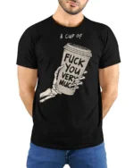 Sarcastic A Cup Of Fuck You Very Much Skeleton Graphic Tee - model wearing black tee with hands behind back