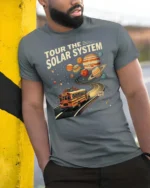 Educational Tour The Solar System Retro Bus Graphic Tee - model wearing grey tee, leaning on column