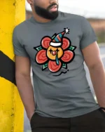 Melancholic Crying Clown Flower Party Hat Novelty Tshirt - model wearing grey tee, leaning on column