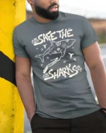 Save The Sharks Ocean Diver Protection Graphic Tee - model wearing grey tee, leaning on column