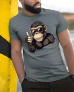 Catchy Chimp Sunglasses Thumbs Up Monkey Graphic Tee - model wearing grey tee, leaning on column