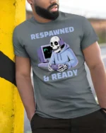 Respawned And Ready Gamer Skeleton Graphic Tee - model wearing grey tee, leaning on column