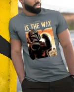Inspiring This Is The Way Mandalorian Retro Graphic Tee - model wearing grey tee, leaning on column