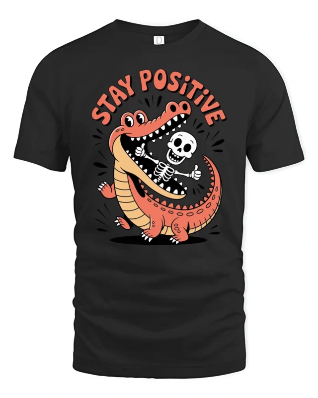 Jolly Skeleton Crocodile Mouth Stay Positive Graphic Tee - black t-shirt on white background