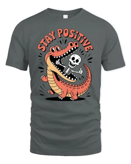 Jolly Skeleton Crocodile Mouth Stay Positive Graphic Tee - gray t-shirt on white background