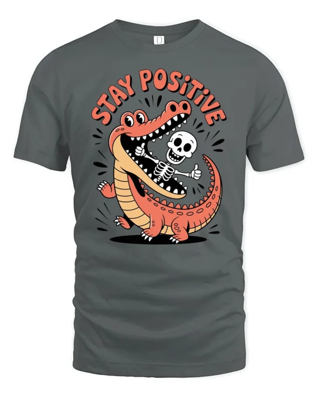 Jolly Skeleton Crocodile Mouth Stay Positive Graphic Tee - gray t-shirt on white background