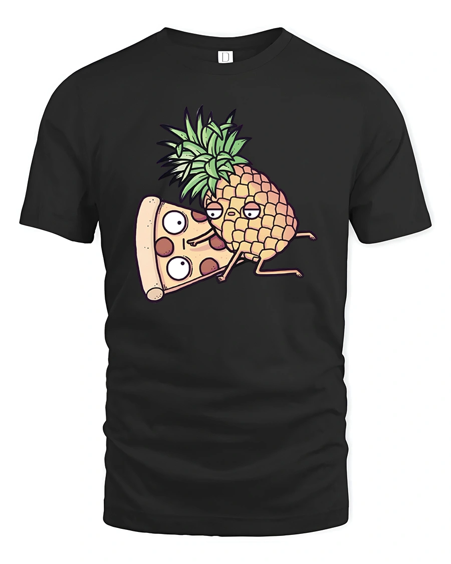 Amusing Pineapple Pizza Slice Cartoon Food Humor Tshirt - 1 Amusing Pineapple Pizza Slice Cartoon Food Humor Tshirt - black t-shirt on white background