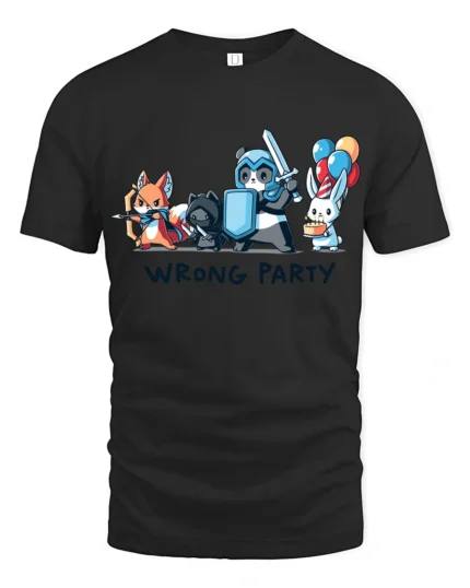 Mismatched Rabbit Hero Quest Wrong Party Graphic Tshirt - black t-shirt on white background