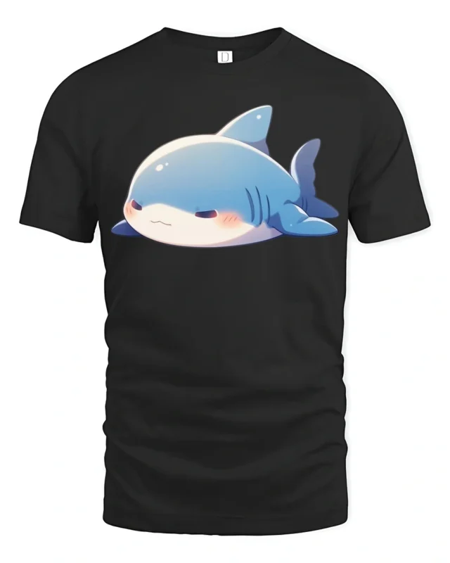 Adorable Grumpy Shark Chibi Blue Aquatic Graphic Tshirt - black t-shirt on white background