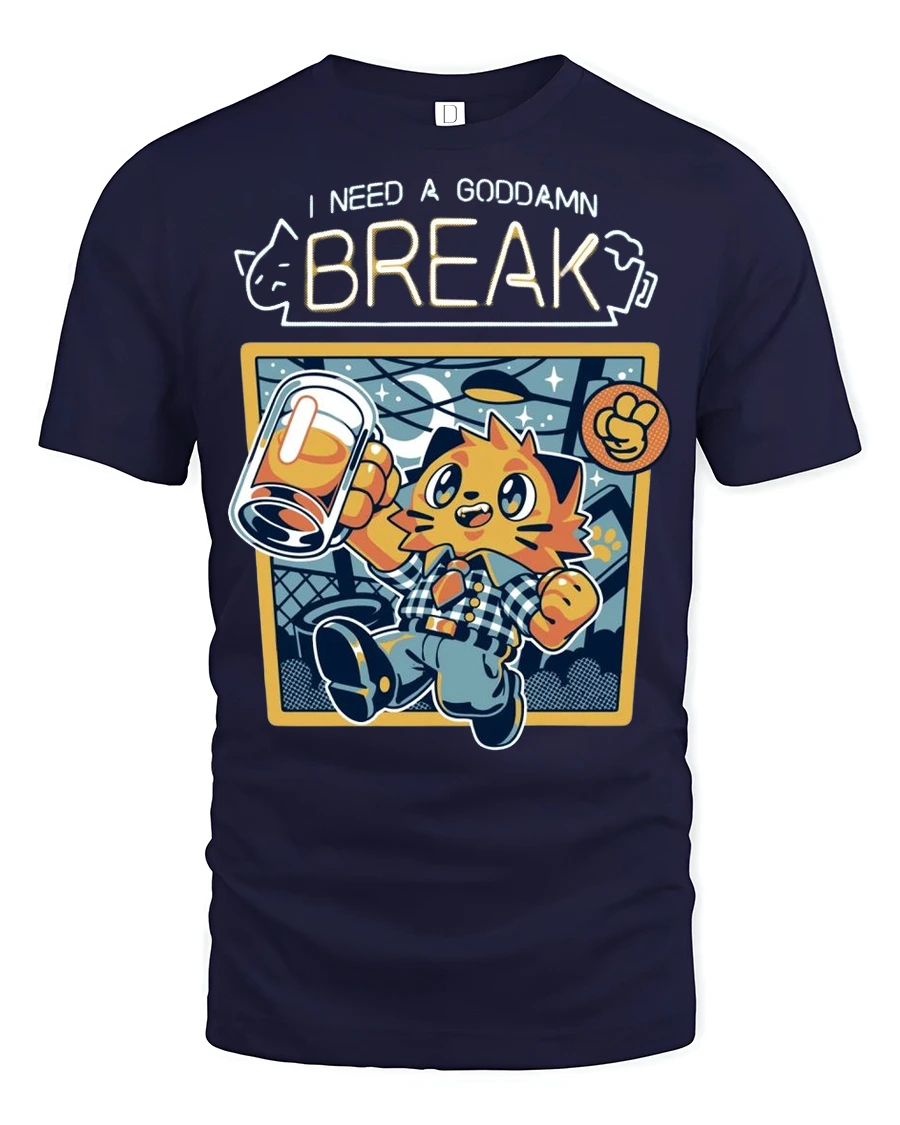 Funny I Need A Break Cat Drinking Beer Graphic Tshirt - 1 Funny I Need A Break Cat Drinking Beer Graphic Tshirt - navy t-shirt on white background