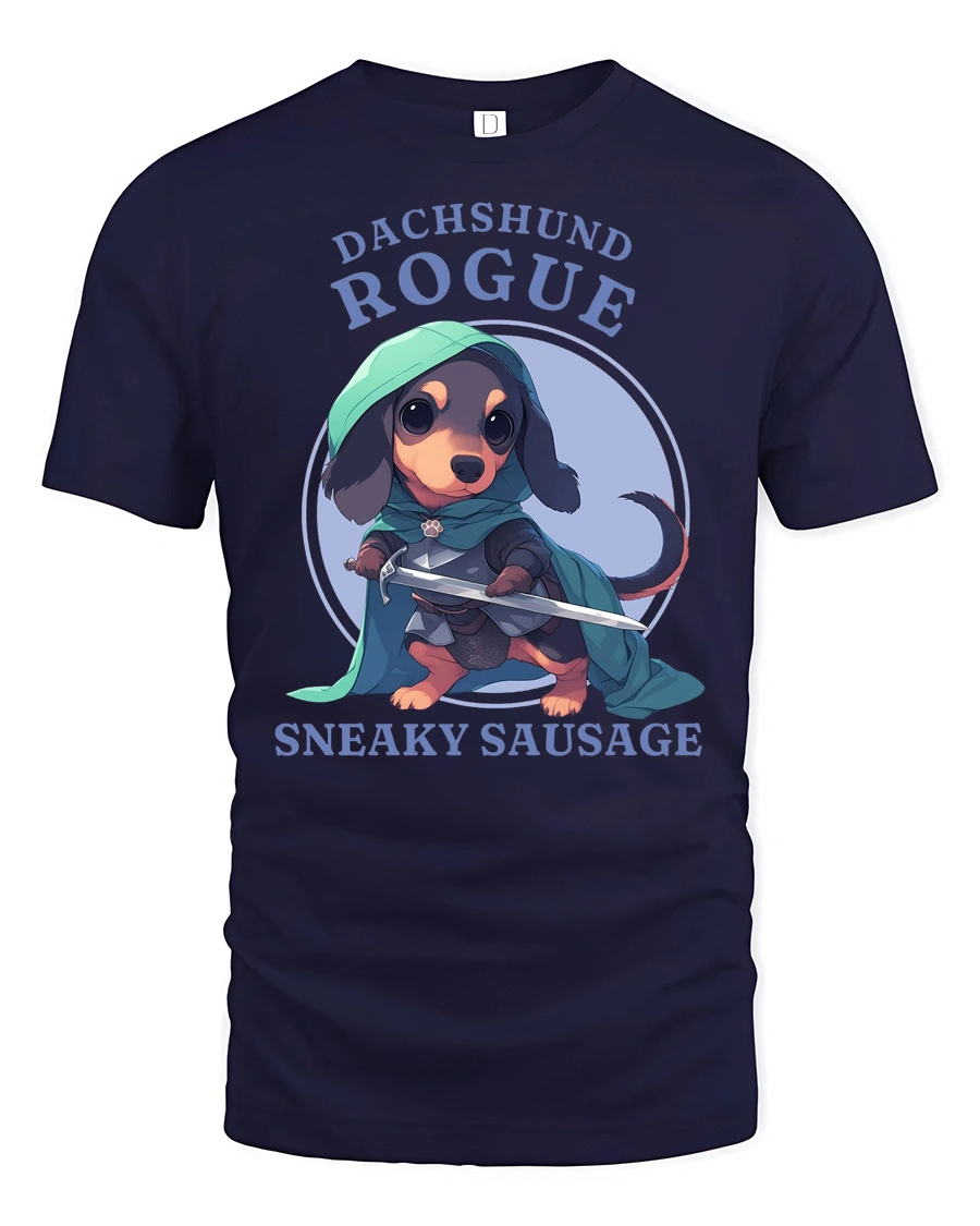 Cute Dachshund Rogue Sneaky Sausage Fantasy RPG Tshirt - 1 Cute Dachshund Rogue Sneaky Sausage Fantasy RPG Tshirt - navy t-shirt on white background