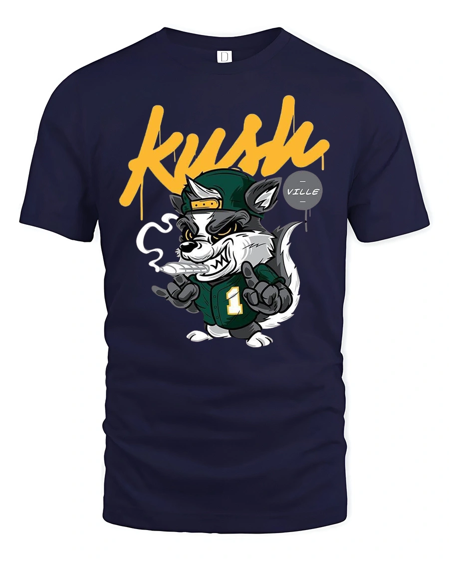 Dope Kush Ville Stoner Raccoon Smoking Blunt Graphic Tshirt - 1 Dope Kush Ville Stoner Raccoon Smoking Blunt Graphic Tshirt - navy t-shirt on white background