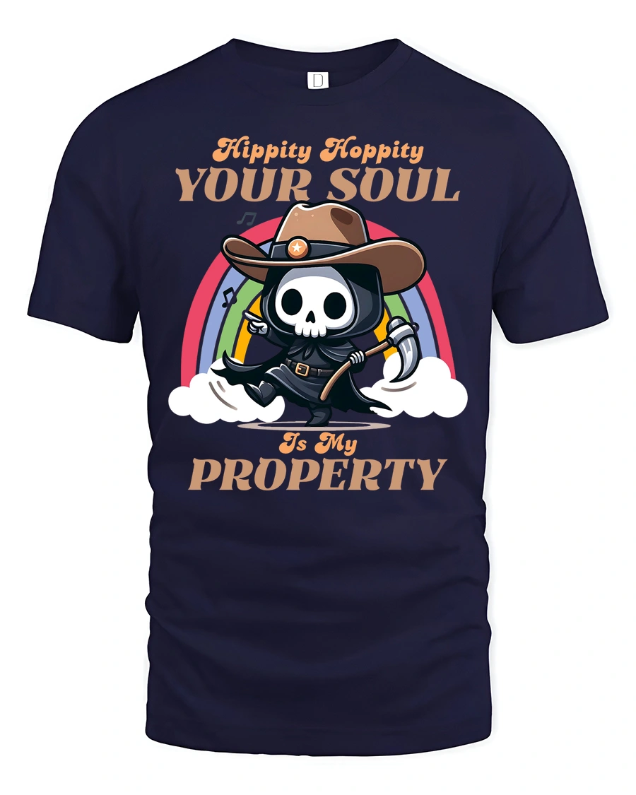 Funny Cowboy Grim Reaper Hippity Hoppity Soul Tshirt - 1 Funny Cowboy Grim Reaper Hippity Hoppity Soul Tshirt - navy t-shirt on white background