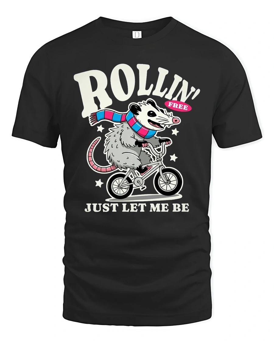Funny Possum Riding Bicycle Rollin Free Graphic Tshirt - 1 Funny Possum Riding Bicycle Rollin Free Graphic Tshirt - black t-shirt on white background