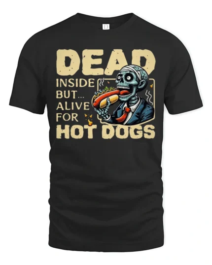 Humorous Dead Inside Alive Hot Dogs Zombie Graphic Tee - black t-shirt on white background