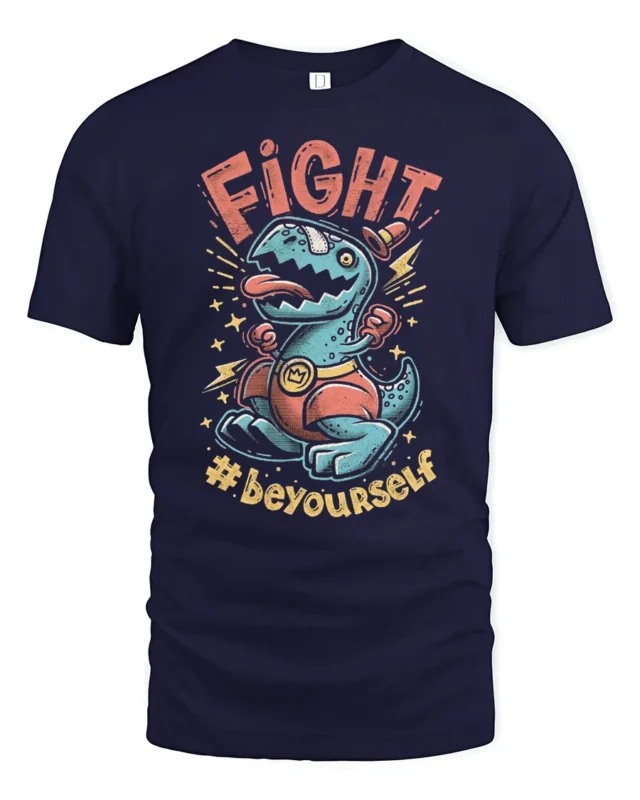 Cute Champion T Rex Boxer Hashtag Beyourself Graphic Tee - navy t-shirt on white background