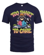 Funny Raccoon Too Smart To Care Coffee Quote Graphic Tshirt - navy t-shirt on white background