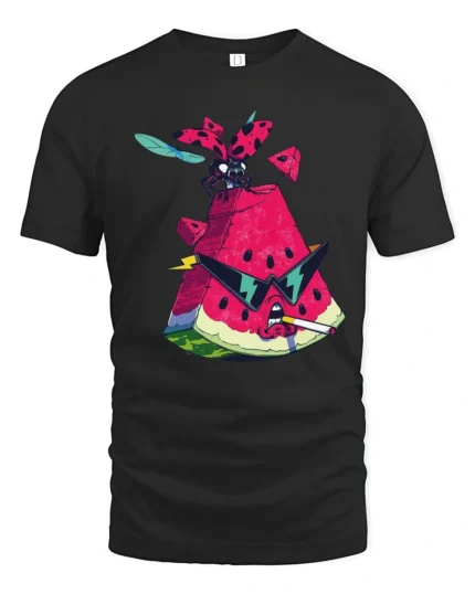 Grumpy Watermelon Smoking Cigar Cool Ladybug Graphic Tshirt - black t-shirt on white background
