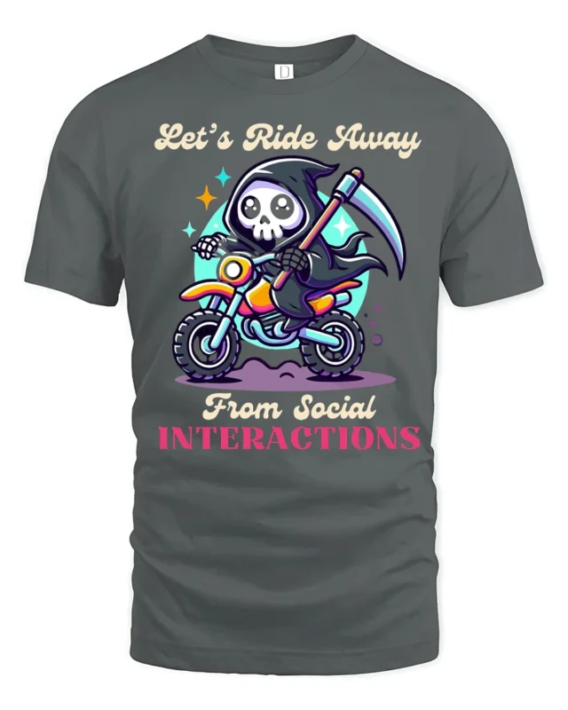 Introvert Grim Reaper Riding Motorcycle Slogan Tshirt - gray t-shirt on white background