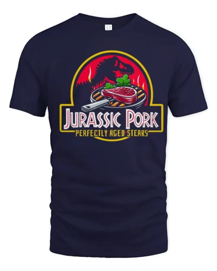 Funny Jurassic Pork Perfectly Aged Steaks Slogan Tshirt - navy t-shirt on white background