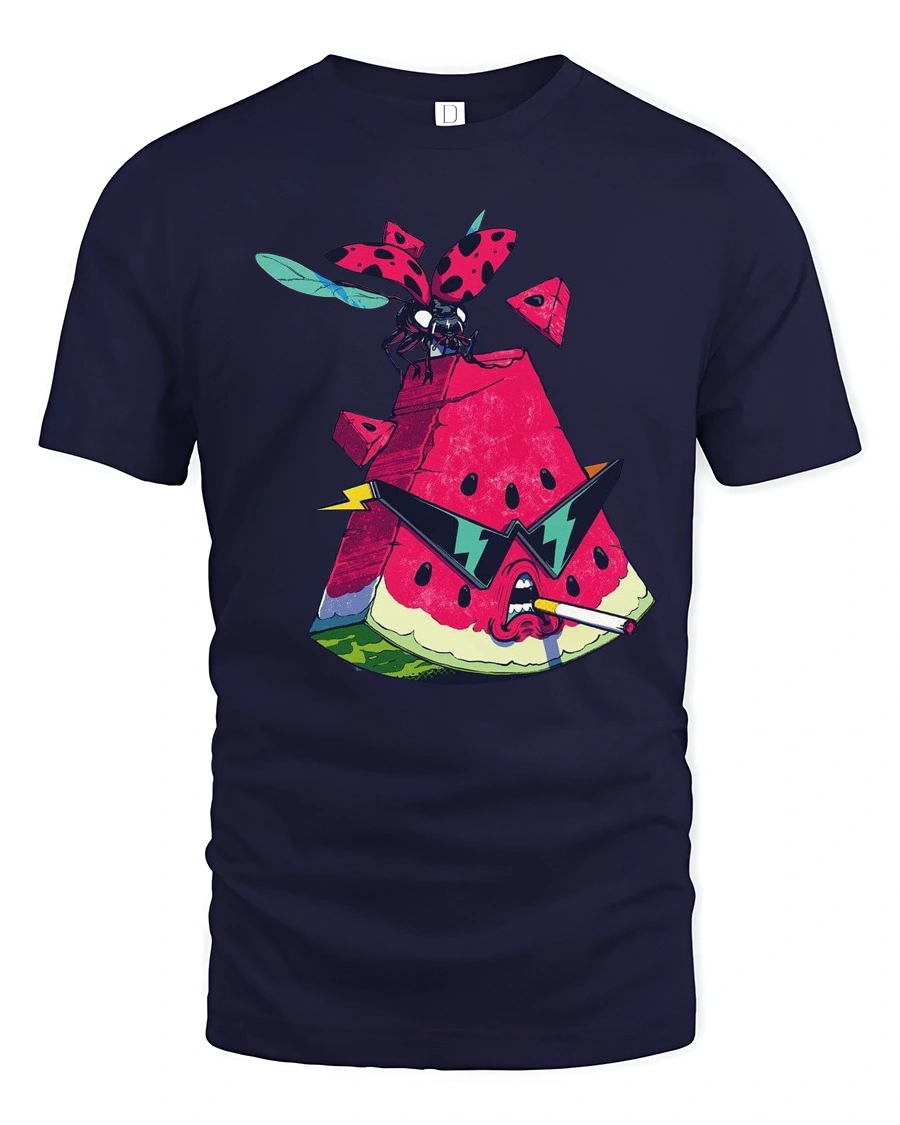 Grumpy Watermelon Smoking Cigar Cool Ladybug Graphic Tshirt - 1 Grumpy Watermelon Smoking Cigar Cool Ladybug Graphic Tshirt - navy t-shirt on white background