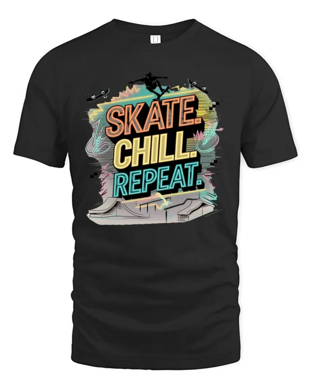Vibrant Neon Skate Chill Repeat Pastel Gradient Tshirt - black t-shirt on white background