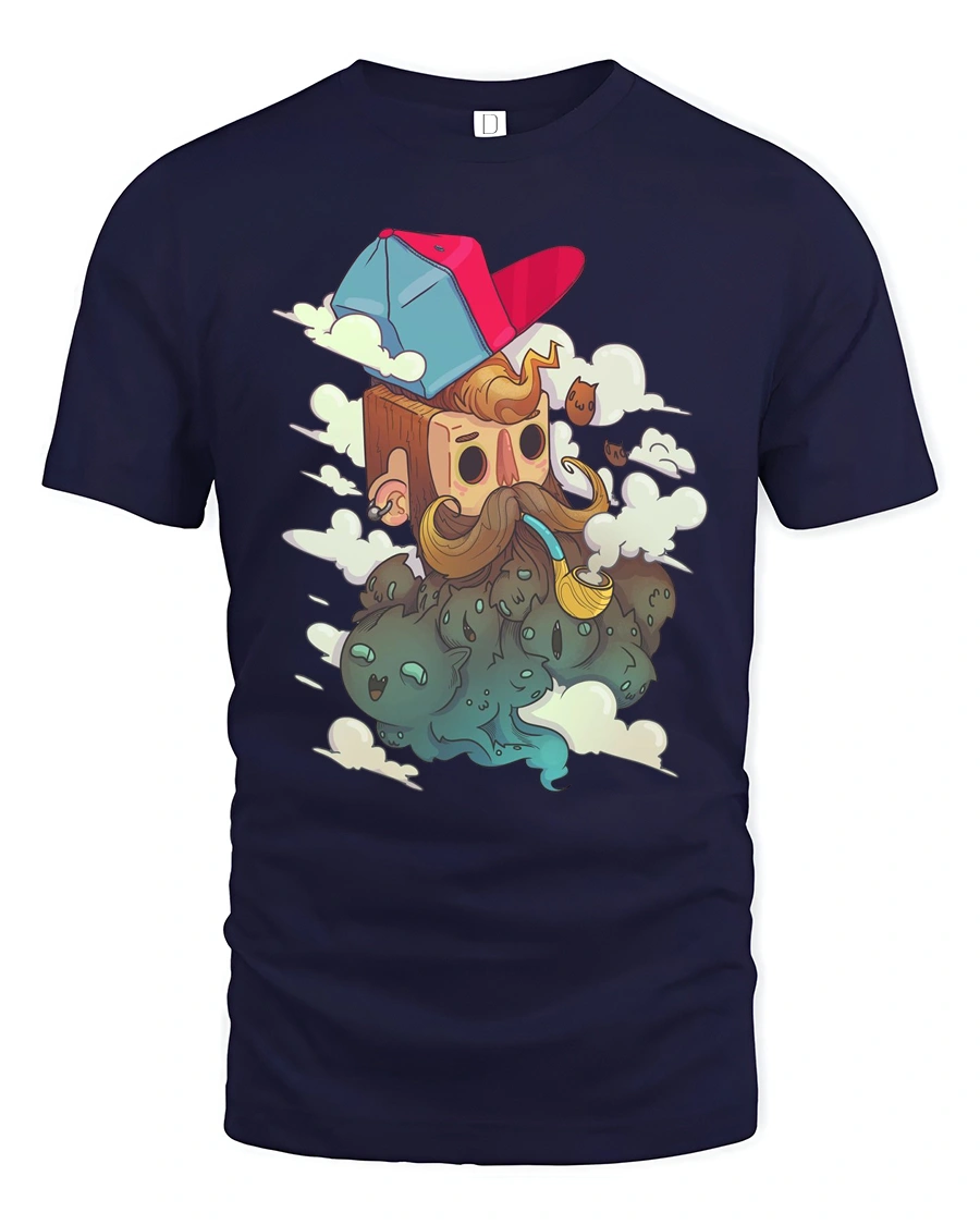 Hipster Bearded Man Smoking Pipe Floating Cats Graphic Tee - 1 Hipster Bearded Man Smoking Pipe Floating Cats Graphic Tee - navy t-shirt on white background