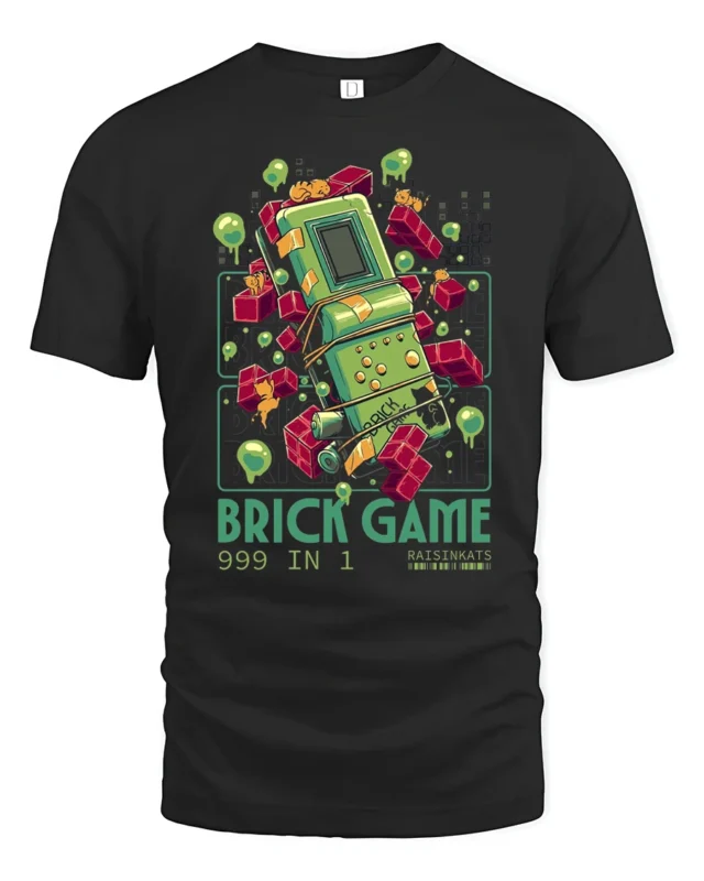 Retro 999 In 1 Brick Game Handheld Nostalgia Graphic Tshirt - black t-shirt on white background
