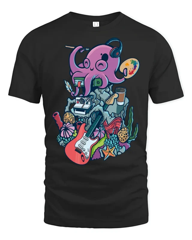 Artistic Octopus Painter Headphone Musician Graphic Tshirt - black t-shirt on white background