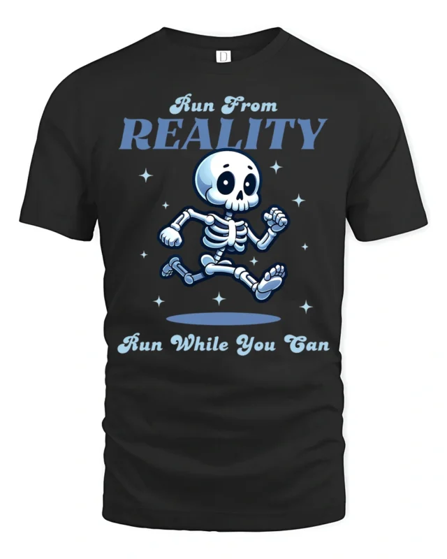Cute Running Skeleton Run From Reality Escapism Graphic Tee - black t-shirt on white background