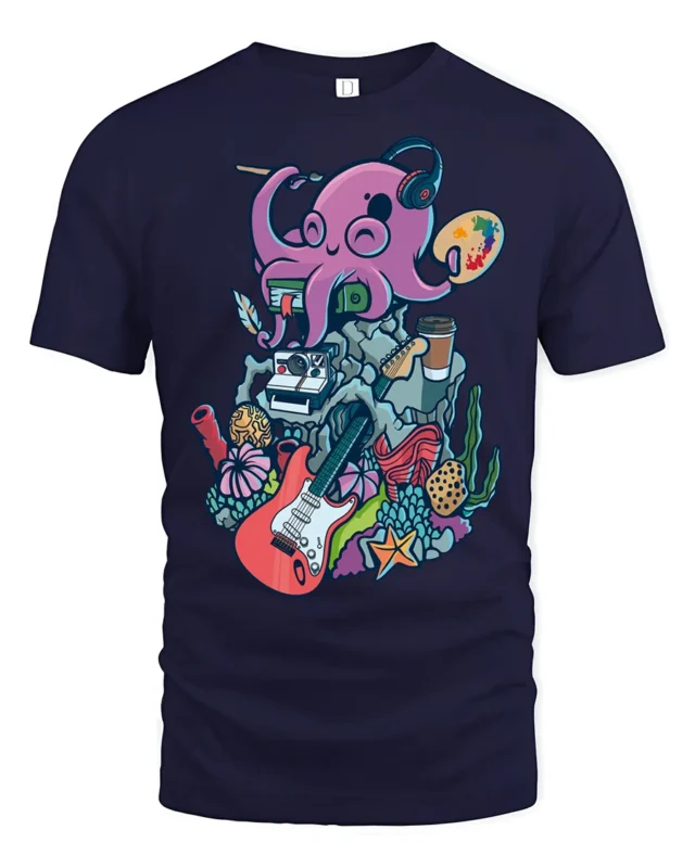 Artistic Octopus Painter Headphone Musician Graphic Tshirt - navy t-shirt on white background