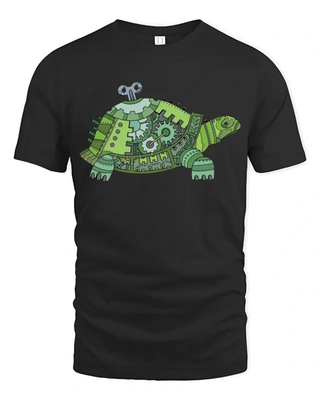 Clockwork Steampunk Turtle Mechanism Gear Graphic Tshirt - black t-shirt on white background