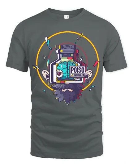 Cyber Glitch Poison Bottle Lab Brain Retro Graphic Tshirt - gray t-shirt on white background