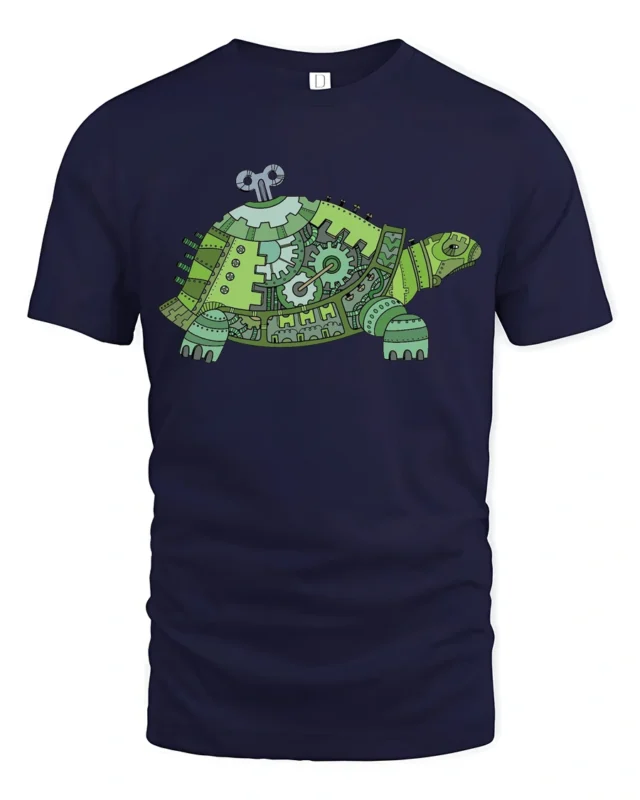 Clockwork Steampunk Turtle Mechanism Gear Graphic Tshirt - navy t-shirt on white background