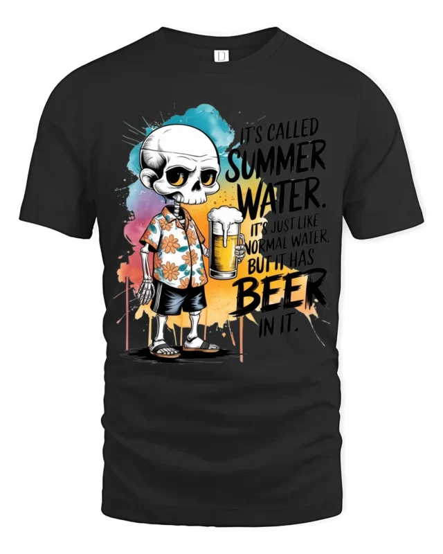 Funny Summer Water Skeleton Beer Floral Hawaiian Shirt Tshirt - black t-shirt on white background