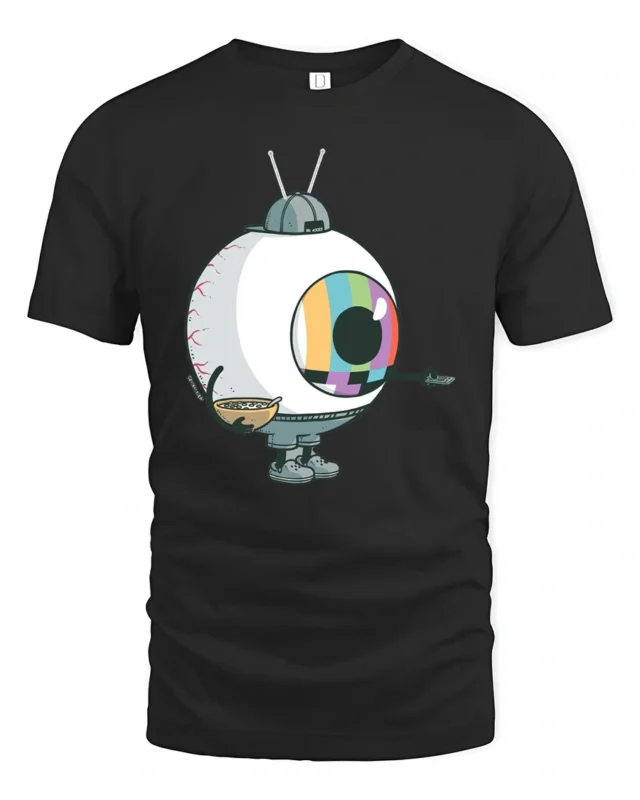 Surreal Television Eyeball Monster Breakfast TV Graphic Tee - black t-shirt on white background