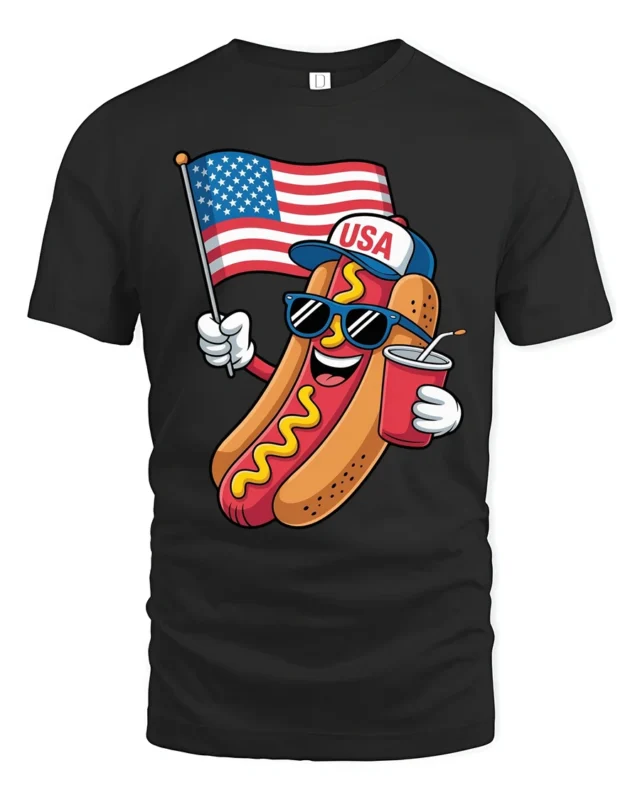 Festive USA Hot Dog American Flag Patriotic Graphic Tee - black t-shirt on white background