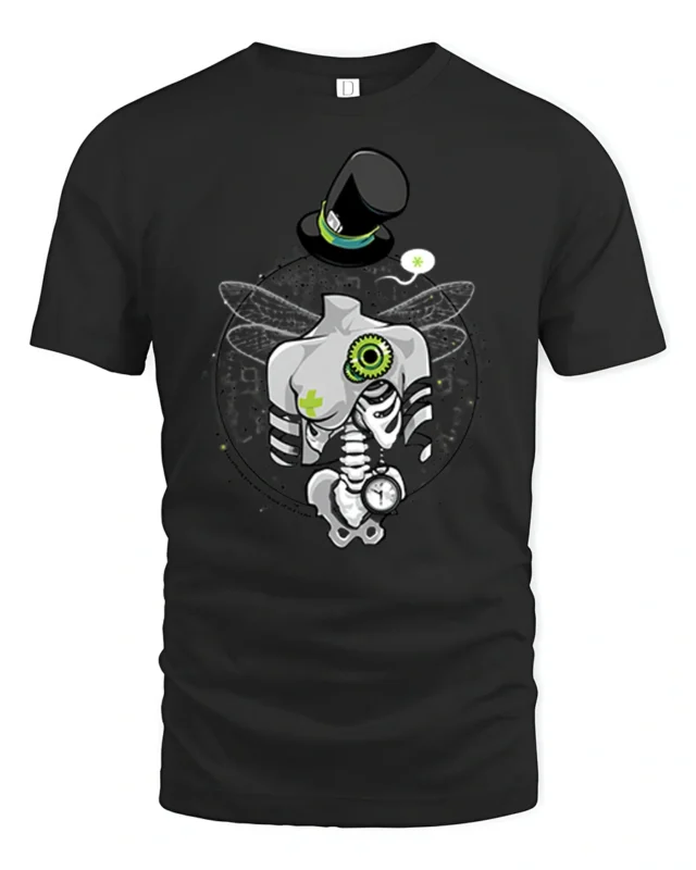 Steampunk Dragonfly Skeleton Top Hat Pocket Watch Tshirt - black t-shirt on white background