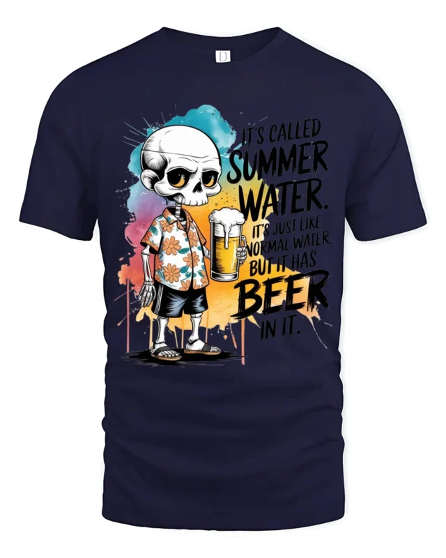 Funny Summer Water Skeleton Beer Floral Hawaiian Shirt Tshirt - navy t-shirt on white background