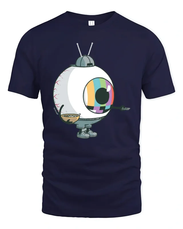 Surreal Television Eyeball Monster Breakfast TV Graphic Tee - navy t-shirt on white background